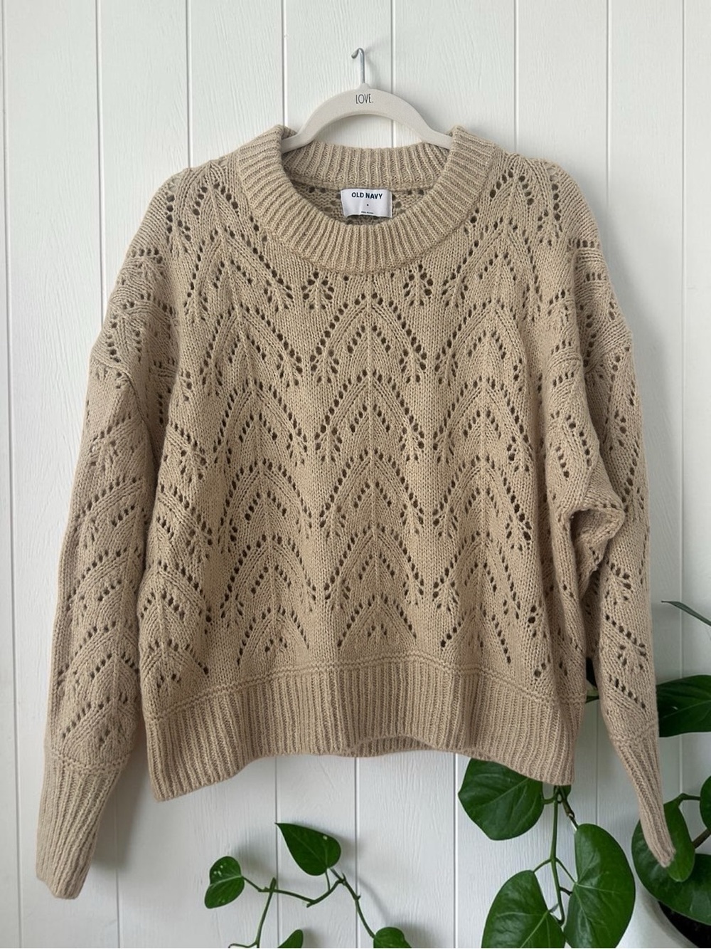 Old Navy Women's Beige Pointelle Crewneck Sweater